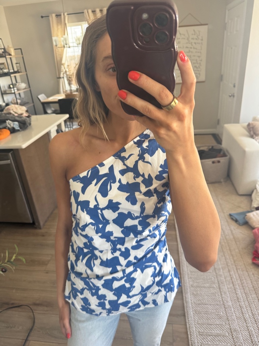 Abercrombie & Fitch White and Blue One-Shoulder Tank Top